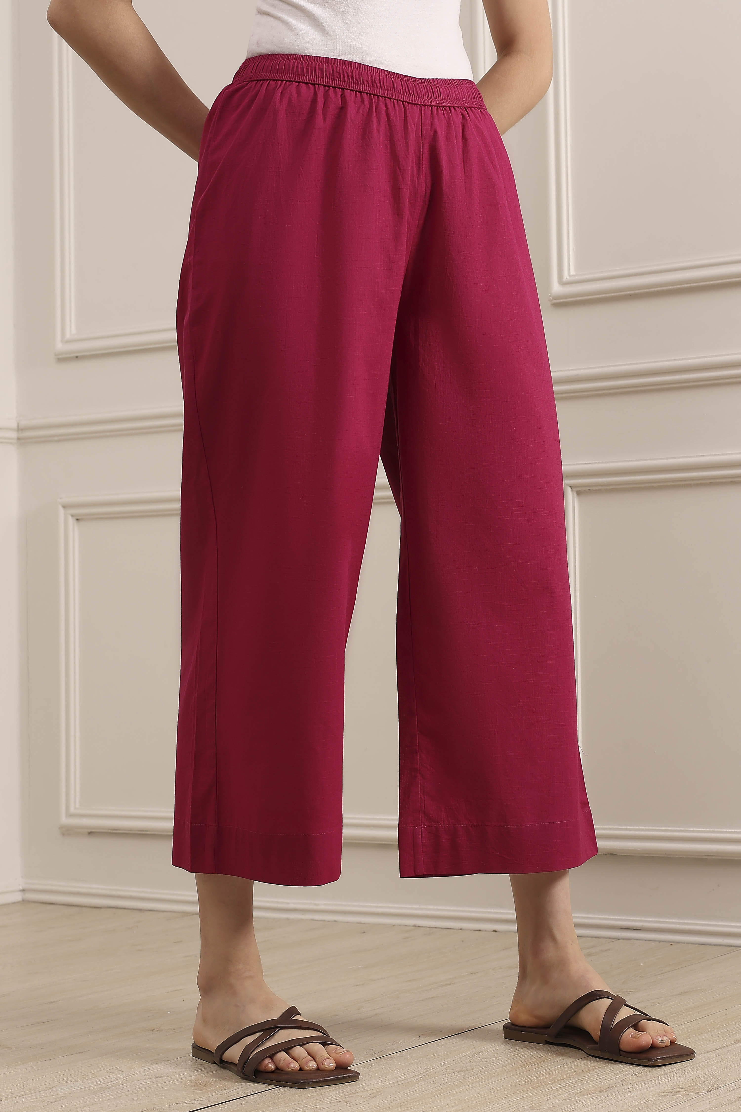 Pink Cotton Straight Palazzos image number 3