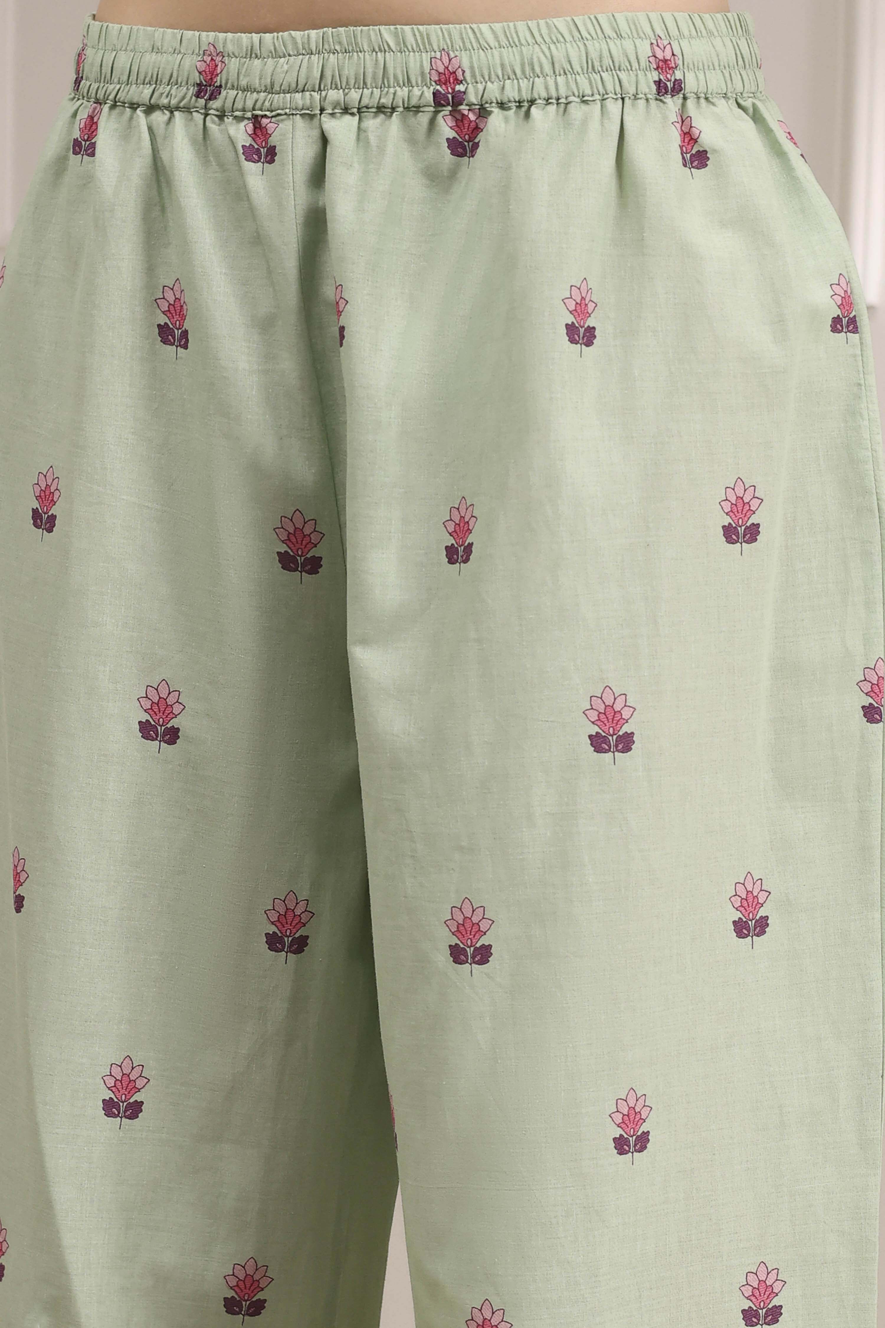 Sage Green Cotton Printed Straight Suit Set image number 2
