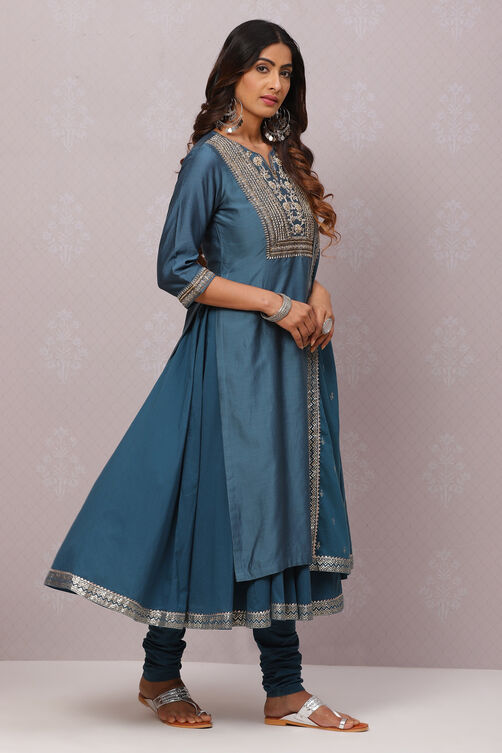 Wine Cotton Silk Flared Kurta Churidar Suit Set image number 7
