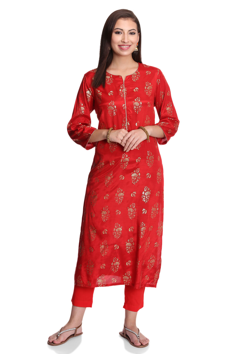 Red Viscose Straight Printed Kurta image number 4