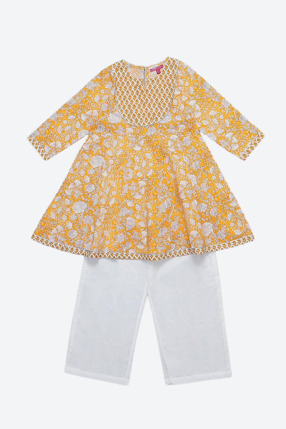 Mustard Cotton Floral Kalidar Kurta and Palazzo Set image number 0