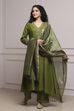 Green Viscose Rayon Straight Embroidered Suit Set image number 6