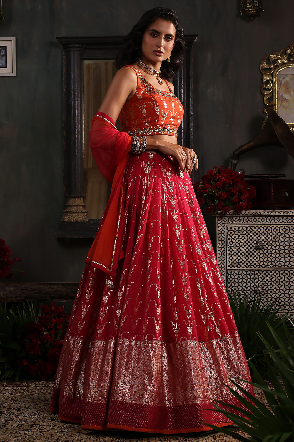 Pink and Orange Chanderi Jacquard Lehenga Set image number 5
