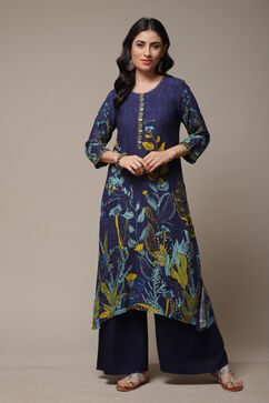 Navy Rayon Straight Printed Kurta image number 1