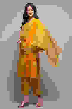 Yellow Cotton Straight Embroidered Kurta Slim Pant Suit Set image number 0