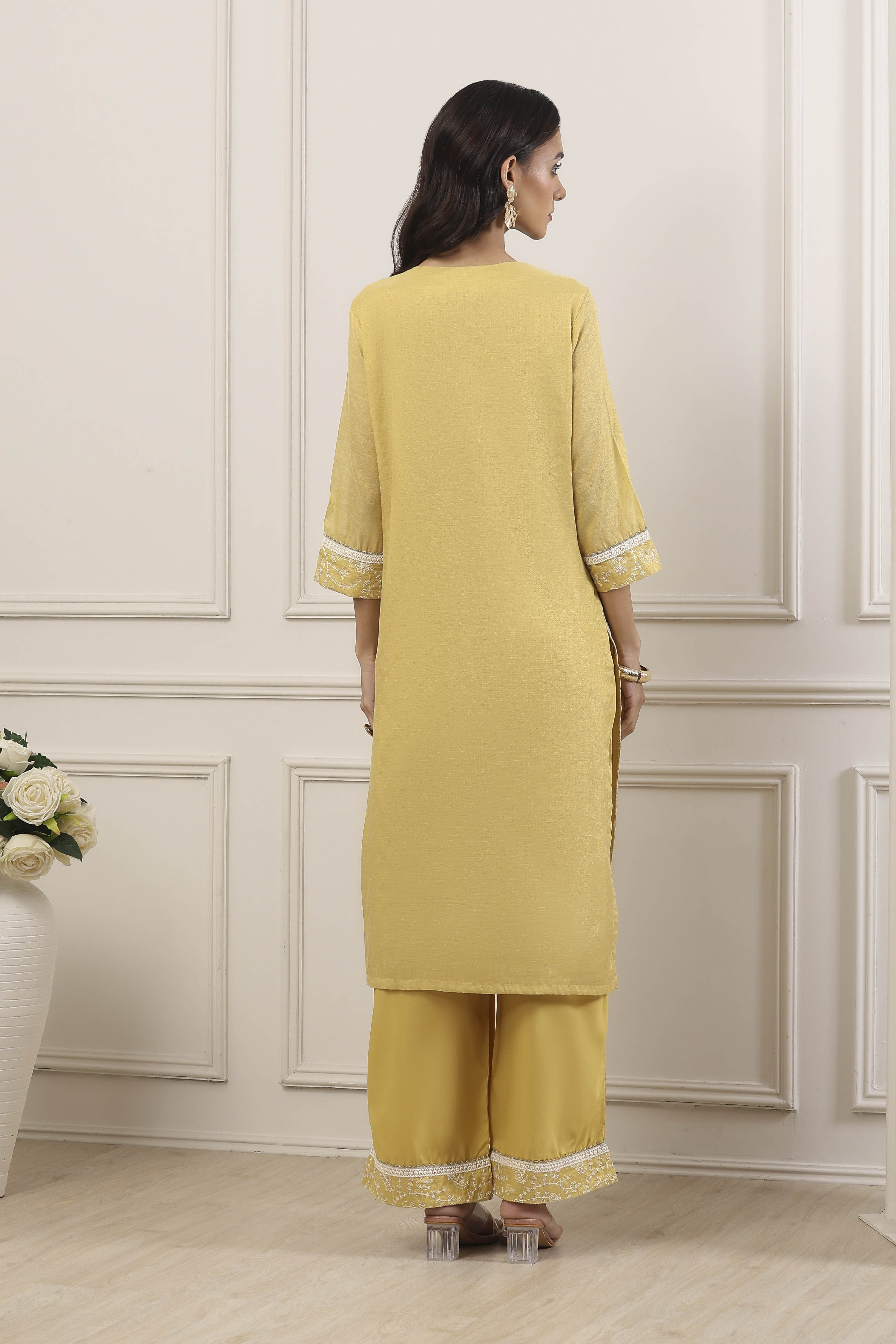 Yellow Zari Cotton Tissue Straight Suit Set image number 3