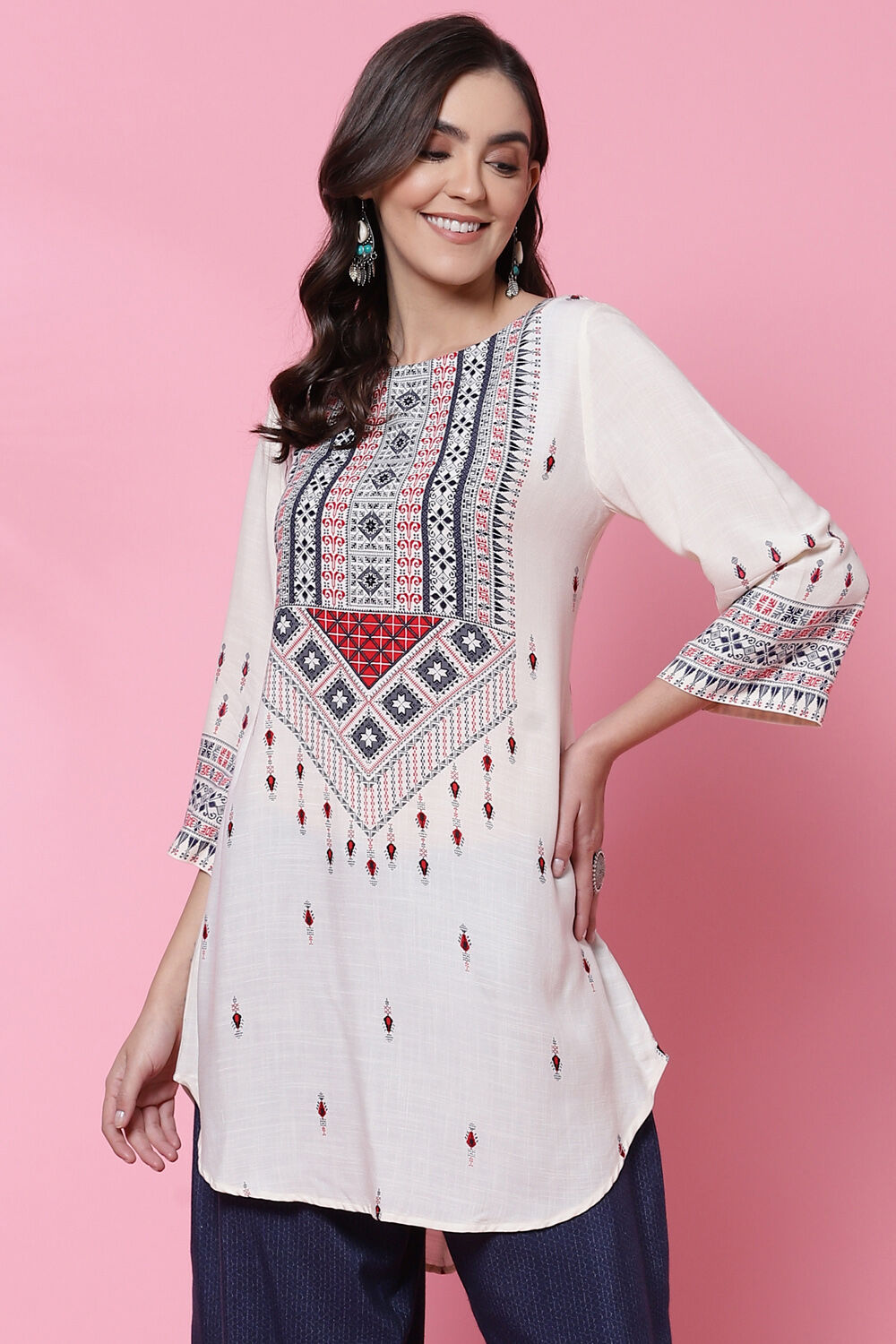 Ecru LIVA Asymmetric Printed Short Kurti image number 0