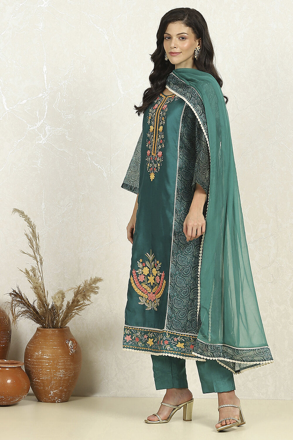 Teal Chanderi Unstitched Suit Set image number 4