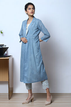 Blue Cotton Straight Printed Kurta With Shrug image number 7