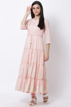 Peach Cotton Front Open Printed Kurta image number 3