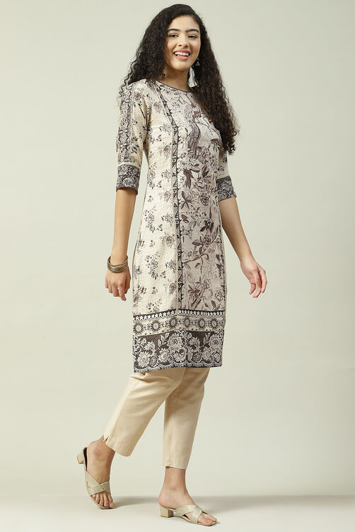 Beige LIVA Straight Printed Kurta image number 3