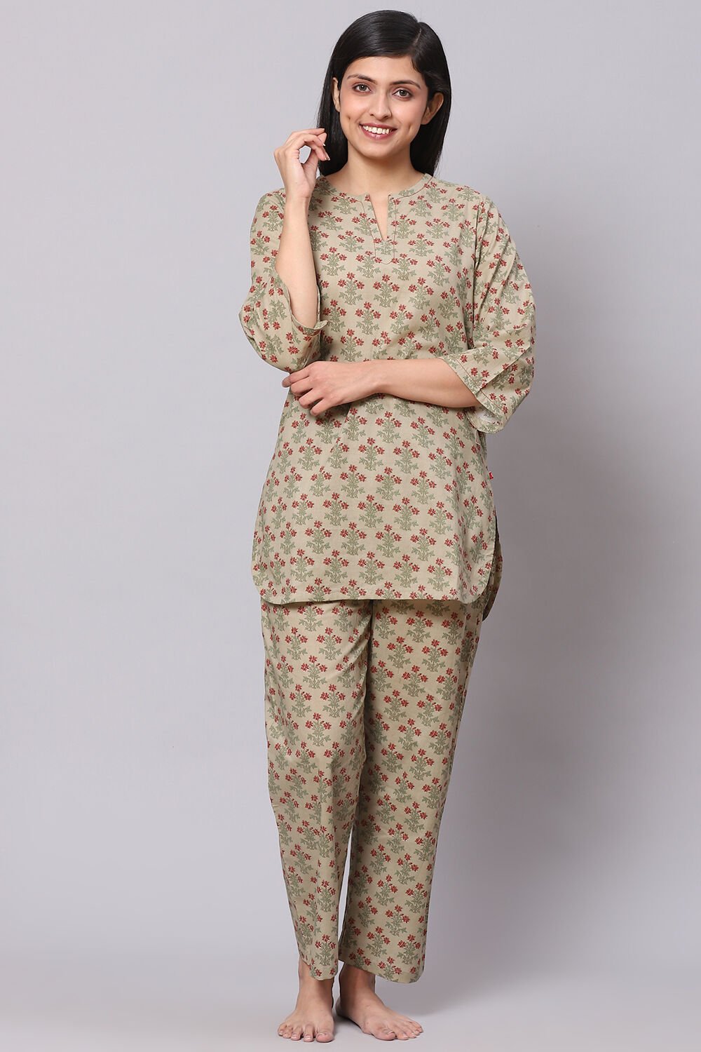 Buy Green Straight Cotton Three Piece Printed Sleepwear Set Kurta