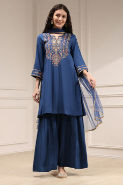 Navy Blue Embroidered Straight Suit Set image number 6
