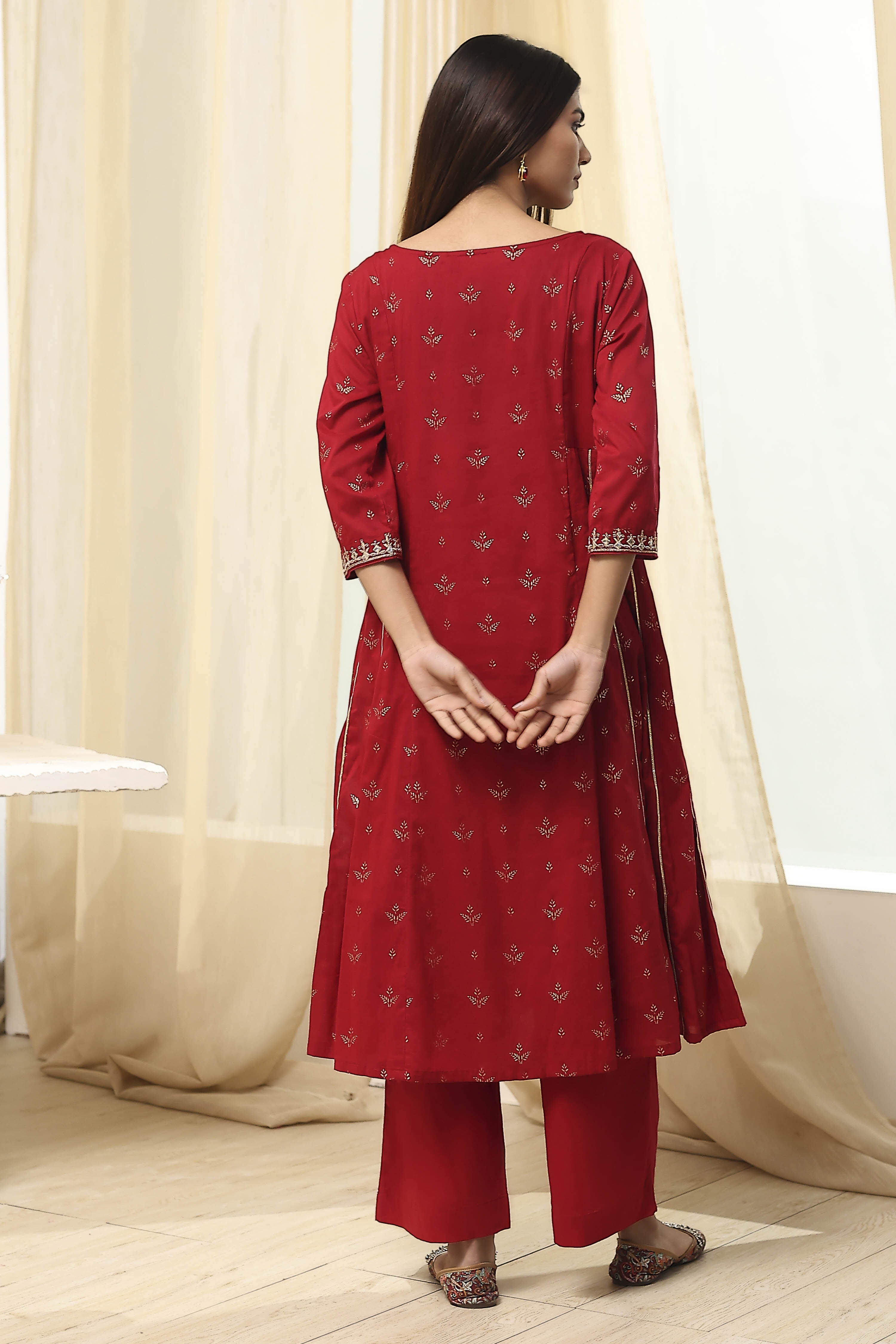 Cream-Colored Cotton Foil Printed Kalidar Suit Set image number 4