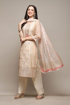 Peach Chanderi Blend Machine Embroidered Unstitched Suit Set image number 1