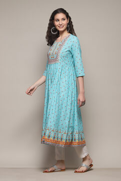 Sky Blue Cotton A-Line Printed Kurta image number 2