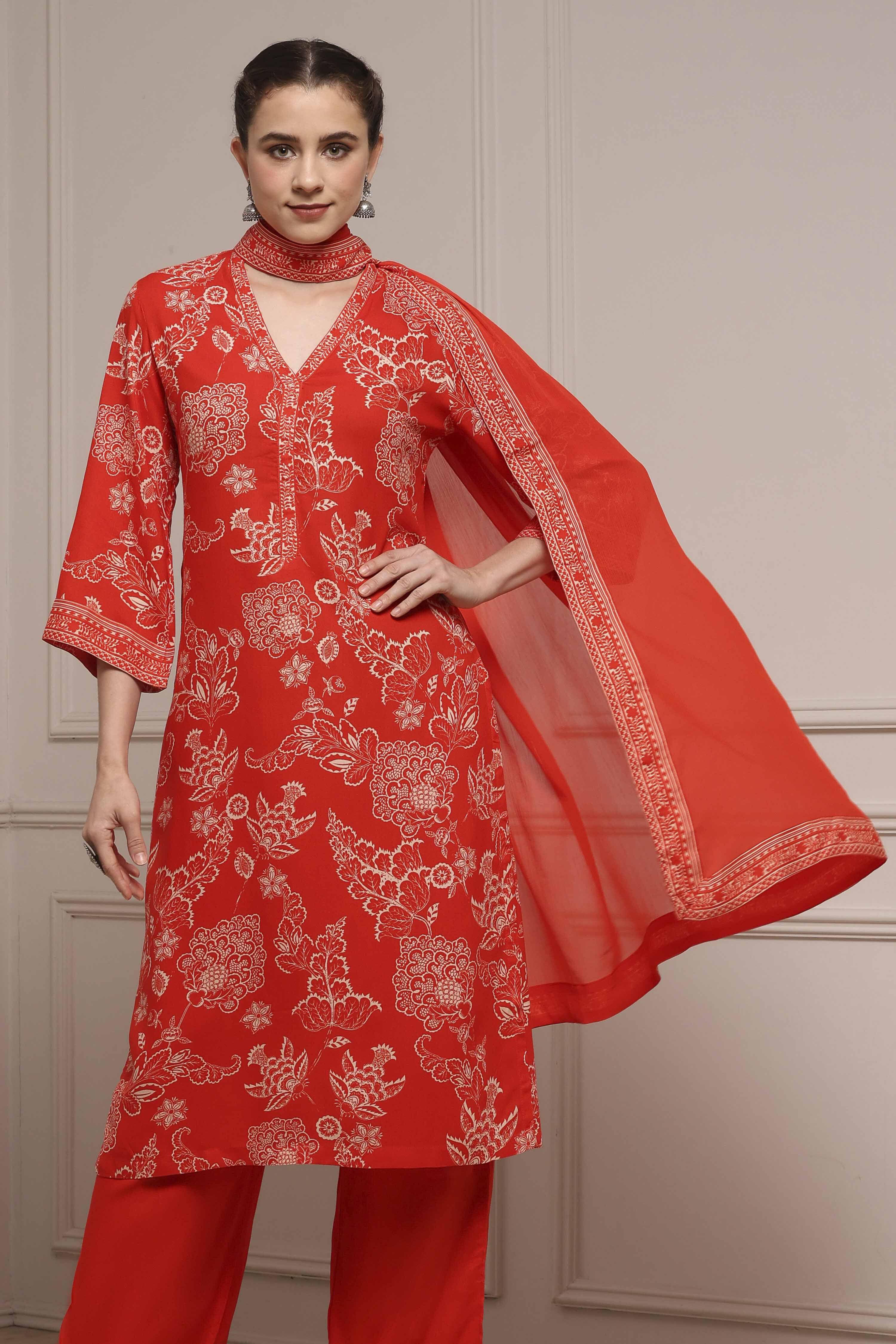 Red Floral Printed Straight Suit Set image number 6
