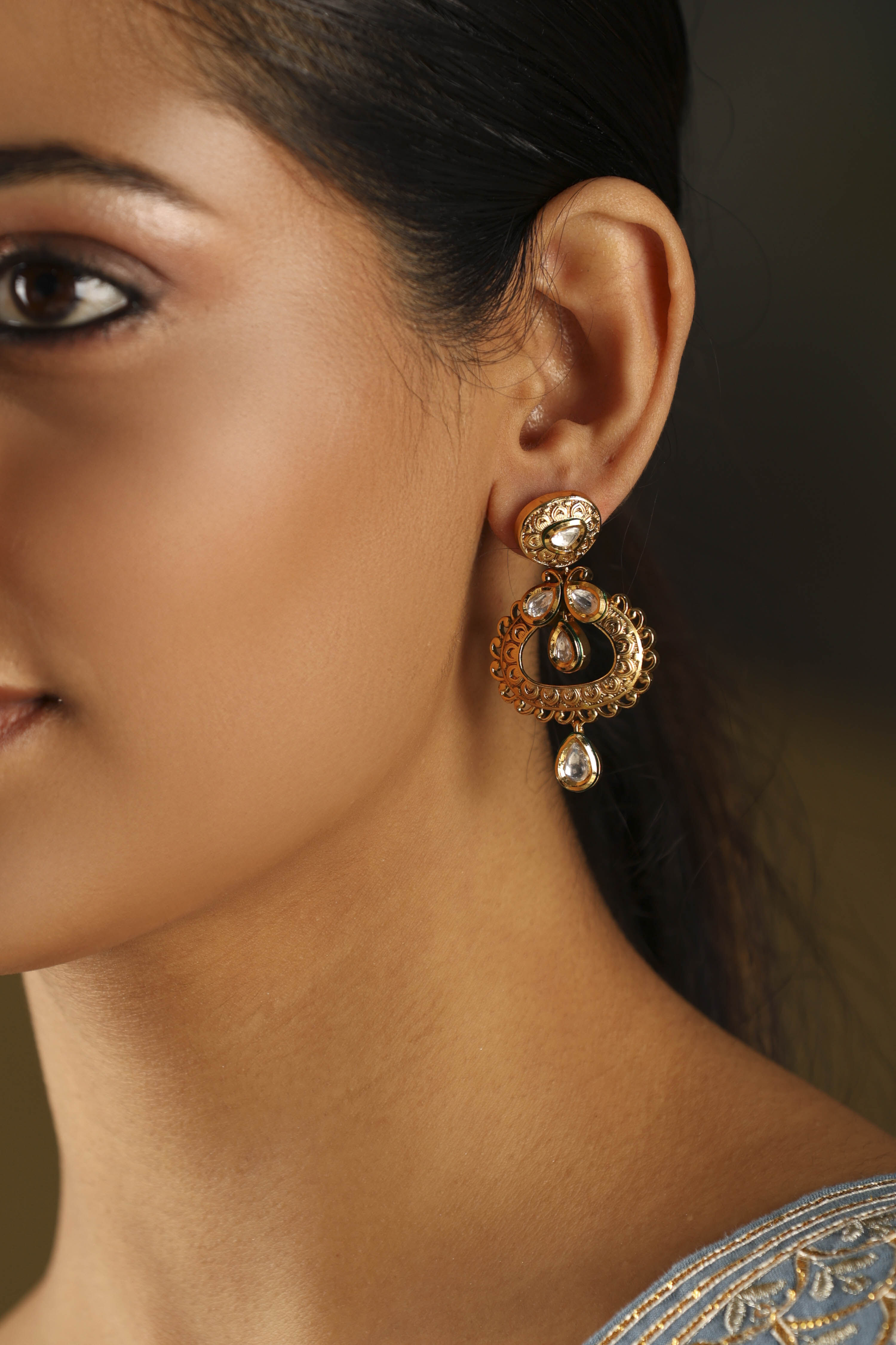 Gold Plated Brass Studded Drop Earrings image number 1