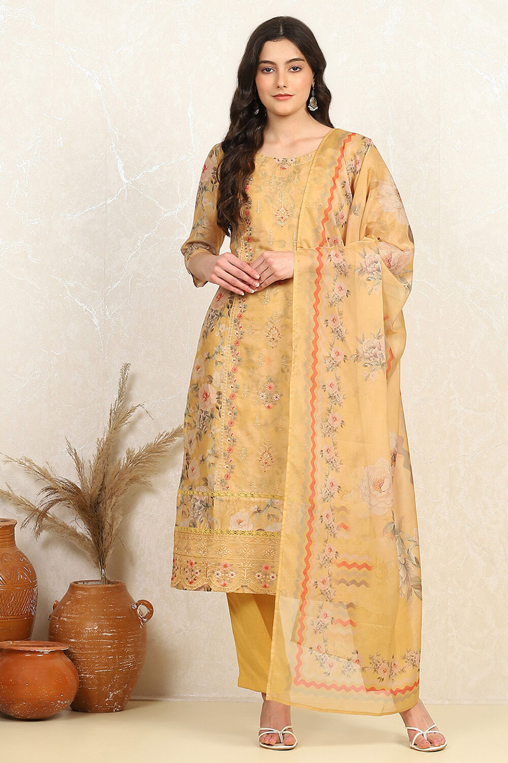 Orange Muslin Unstitched Suit Set image number 7