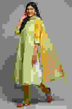 Lime Green Cotton Blend Layered Kurta Churidar Suit Set image number 7