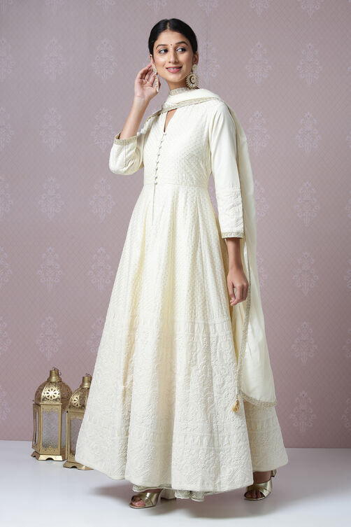 Off White Cotton Anarkali Kurta Skirt Suit Set image number 4