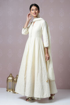Off White Cotton Anarkali Kurta Skirt Suit Set image number 4