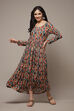 Beige & Brown Cotton Blend Flared Printed Dress