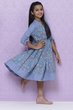 Blue Cotton Kalidar Printed Dress image number 0
