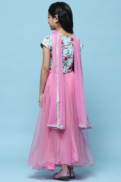 Blue Cotton Printed Blouse With Net Lehenga & Net Dupatta image number 5