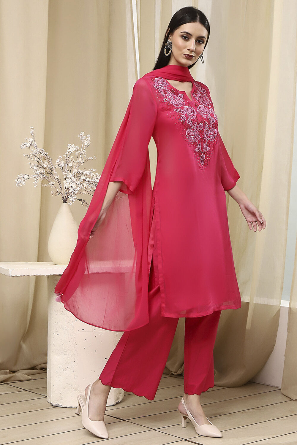Fuchsia Embroidered Straight Suit Set image number 5