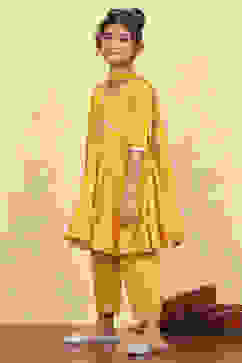 Yellow Cotton Solid Tiered Suit Set image number 3