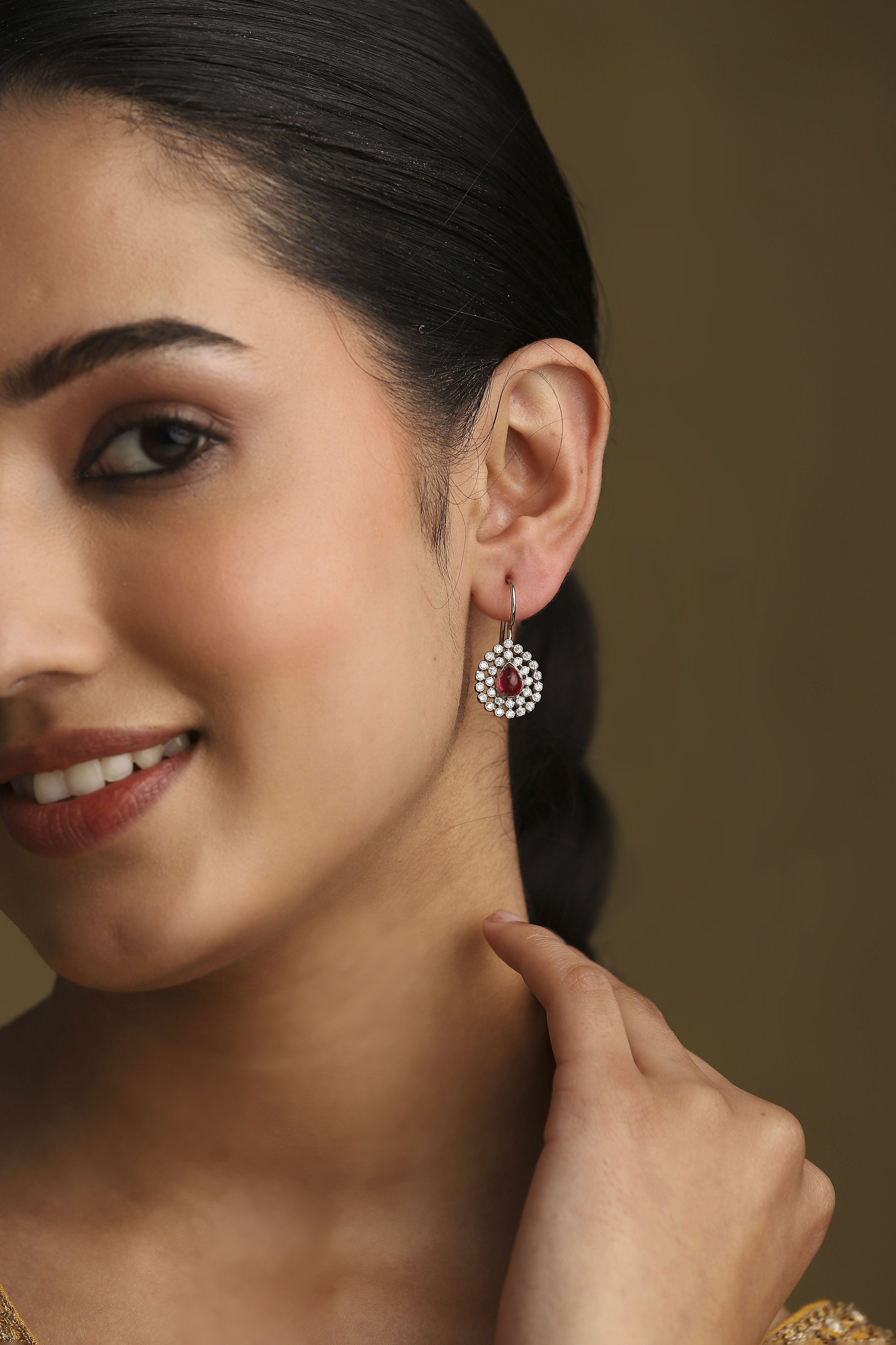 Red Silver Plated Brass Studded Drop Earrings image number 1