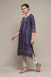 Navy LIVA Straight Printed Kurta image number 2