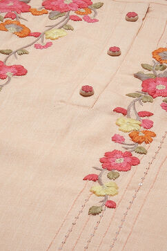 Peach Linen Machine Embroidered Unstitched Suit Set image number 1