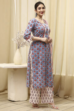 Slate Blue Cotton Hand Block Print Unstitched Suit Set image number 6