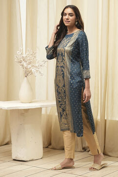 Indigo Rayon A-Line Printed Kurta image number 2