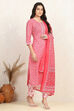 Pink Cotton Screen-Printed Unstitched Suit Set image number 6
