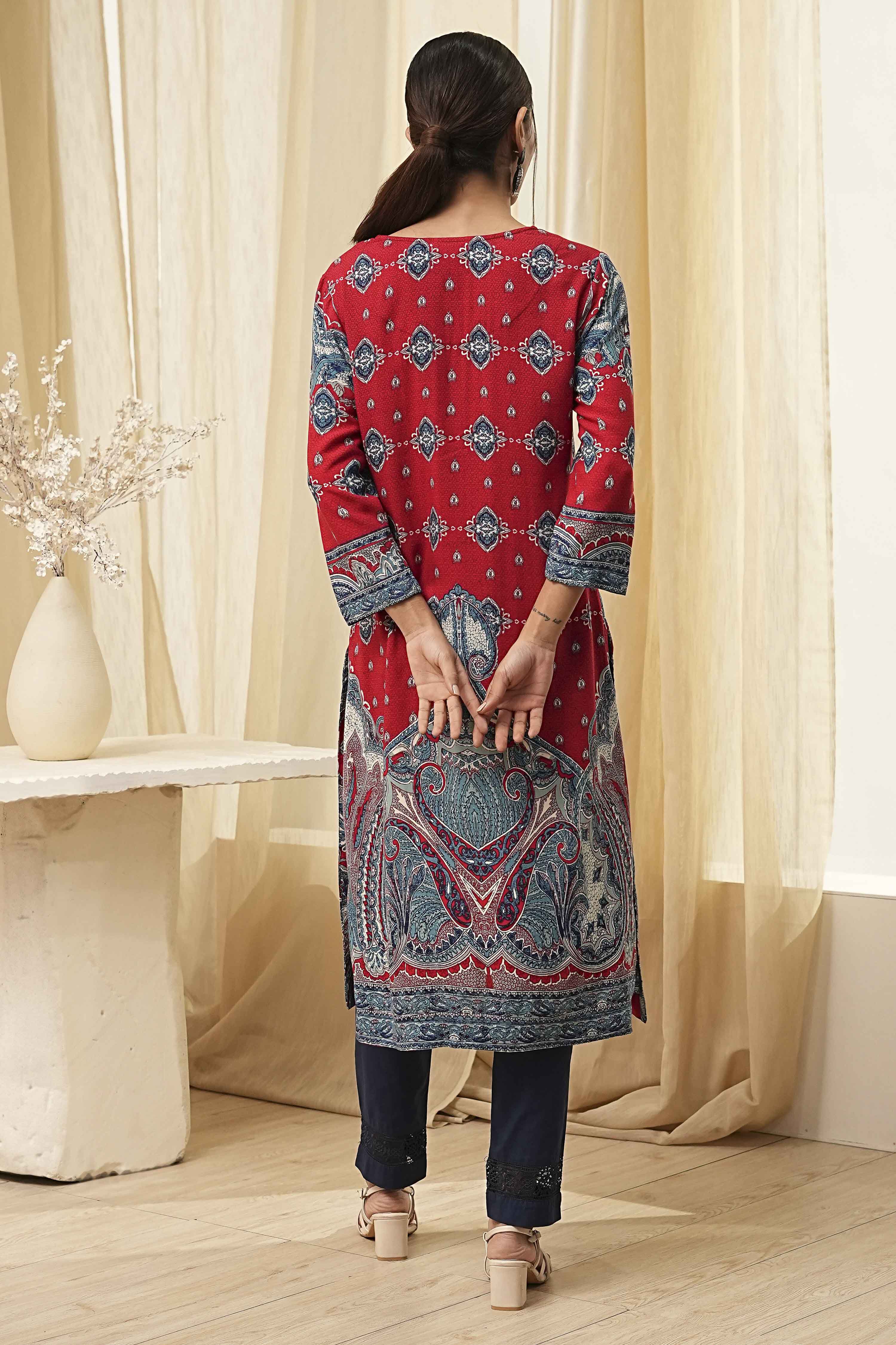 Red and Blue Printed Straight Kurta image number 3