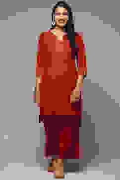 Red Cotton Blend Straight Kurta Palazzo Suit Set image number 6