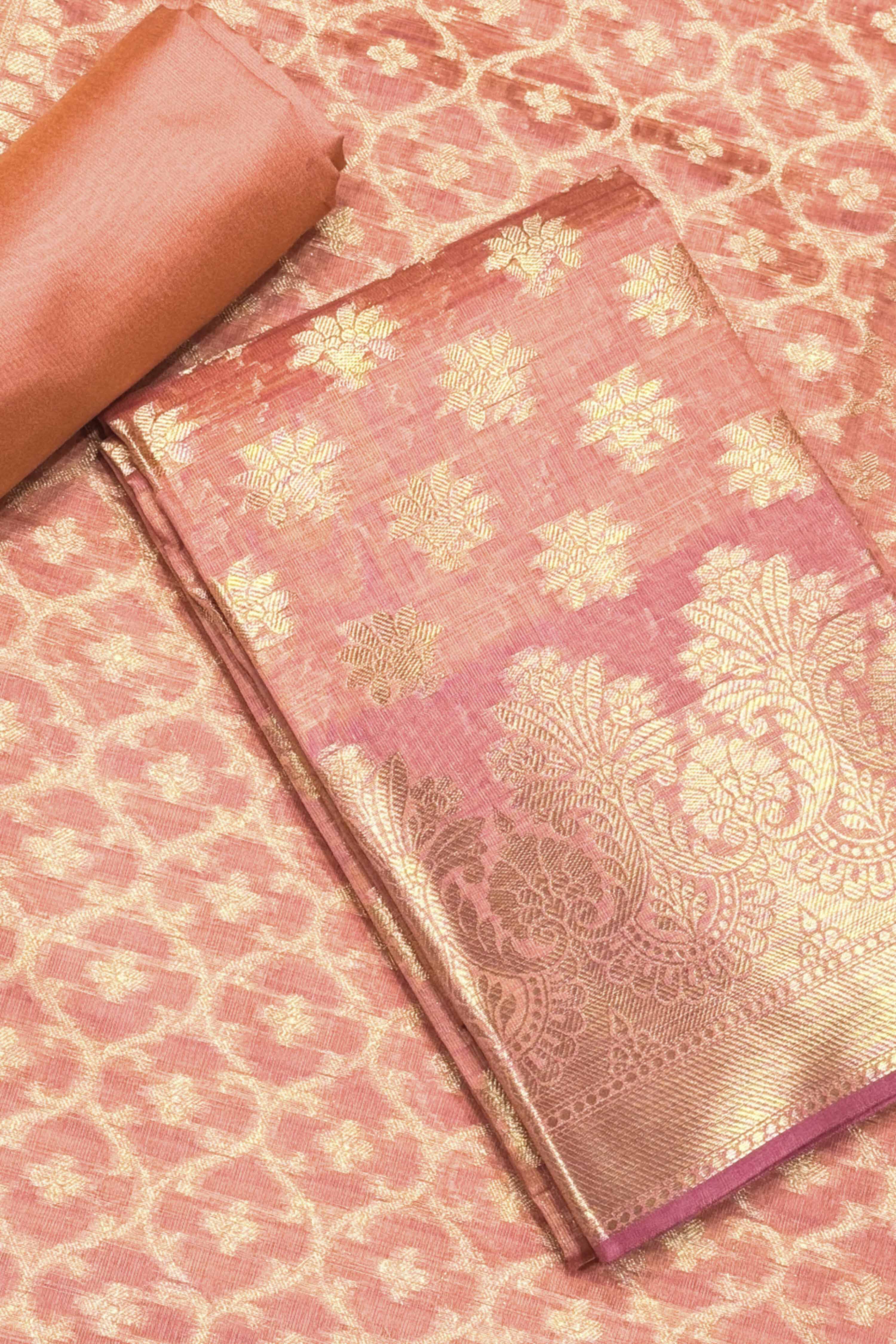 Pink Chanderi Silk Printed Unstitched Suit Set image number 1