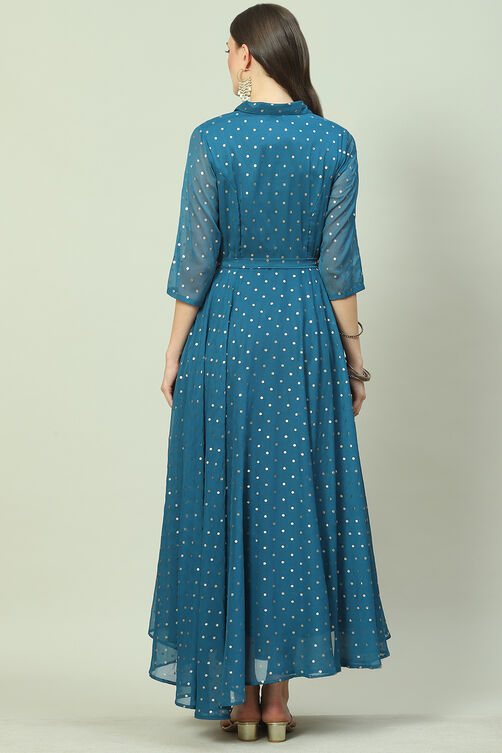 Teal Art Silk Flared Printed Dress image number 4