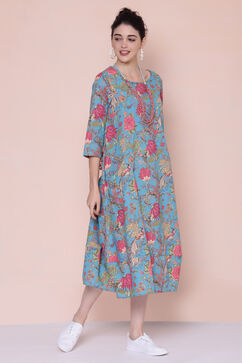 Blue Cotton Flax A-line Printed Kurta Dress image number 3