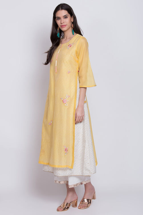 Yellow Poly Cotton Flared Yarndyed Kurta at Biba India