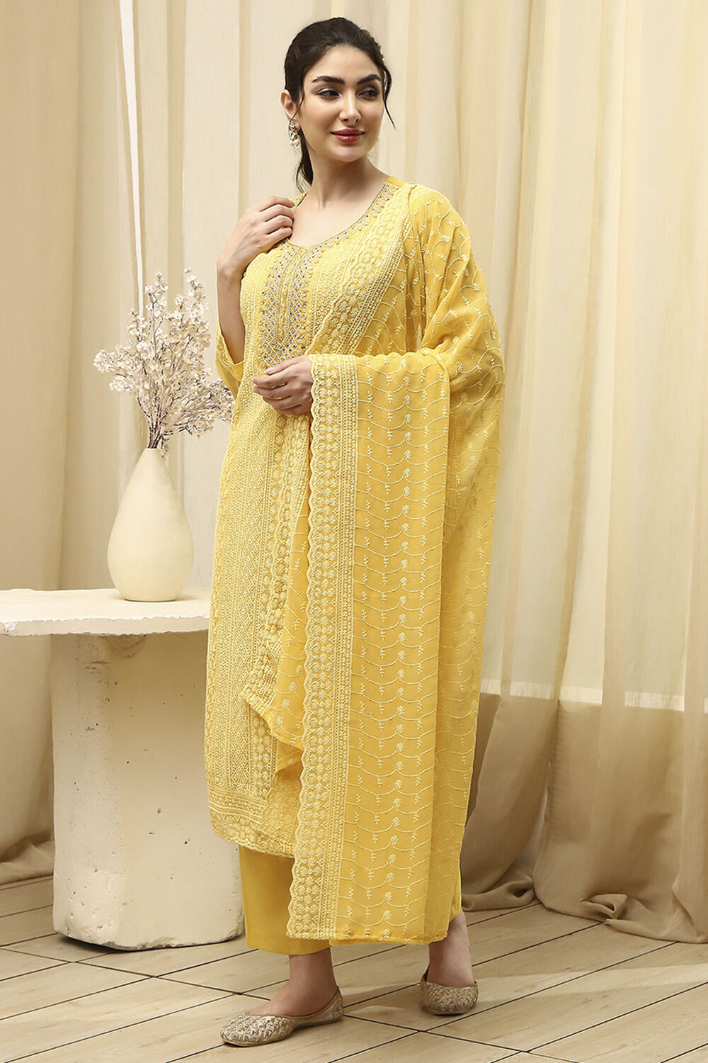 Yellow Georgette Schiffli Unstitched Suit Set image number 4