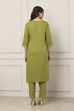 Green Viscose Yoke Embroidered Straight Suit Set image number 4