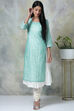Mint Poly Cotton Double Layered Printed Kurta image number 2
