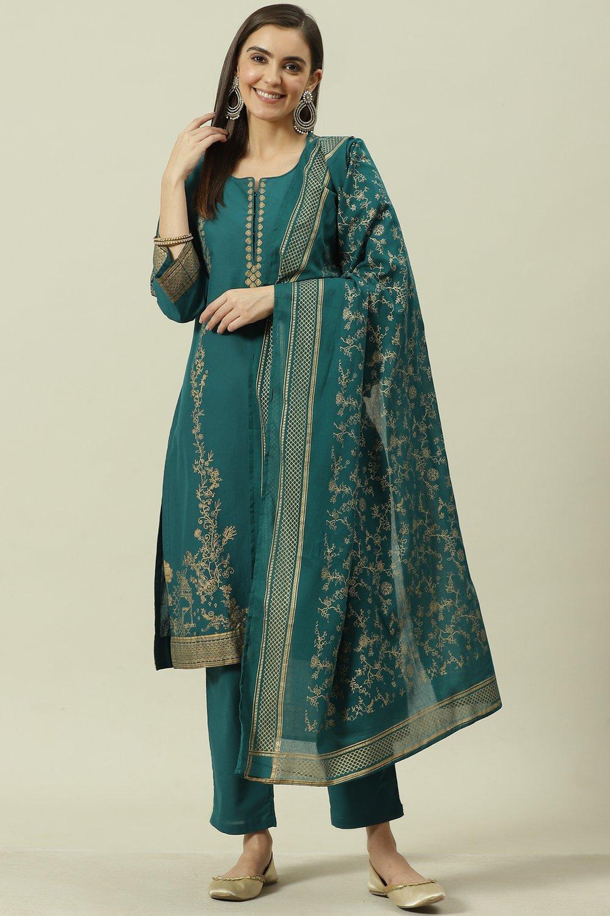 Teal Green Printed Cotton Straight Suit Set