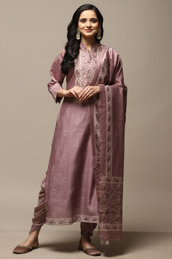 Pink Chanderi Machine Embroidered Unstitched Suit Set image number 2