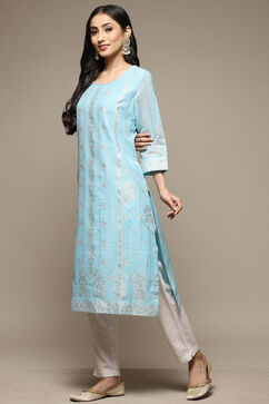 Sky Blue Cotton Blend Straight Printed Kurta image number 4