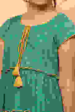 Green Cotton Printed Tiered Festive Flared Suit Set image number 1